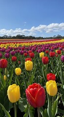 Vibrant Tulip Field Under a Sunny Sky - A Colorful Spring Landscape.