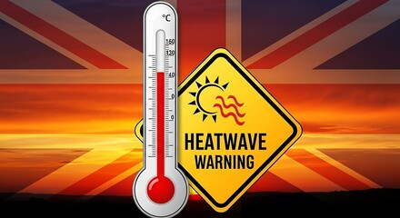 Heatwave Warning in the UK - Thermometer and Sign Against Union Jack.