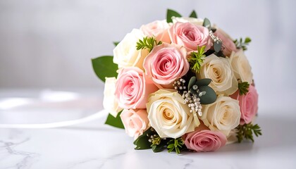 Delicate bouquet of cream and pink roses