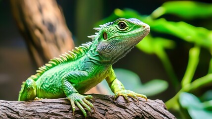 Fototapeta premium Green Lizard Perched on Branch with Natural Habitat Background in Vibrant Colors