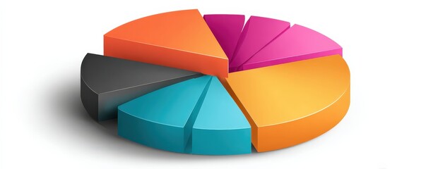 Obraz premium A colorful, 3D pie chart with segments in various bright colors, illustrating data distribution in a visually engaging way.