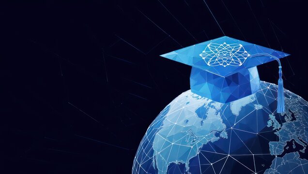 Digital representation of a mortarboard on a globe, with network lines, against a dark background