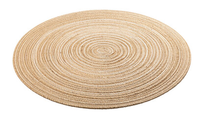 Circular beige woven mat with concentric rings, isolated on black background