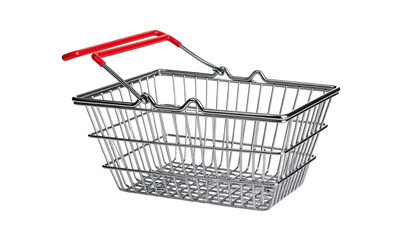 Metallic shopping basket with a red handle, isolated on a black background