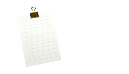 A lined paper held by a bulldog clip, against a black background