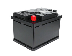 A black rectangular automotive power source with a red terminal and top features