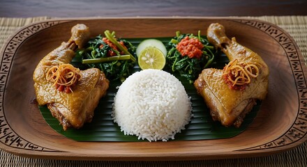 Delicious Indonesian Ayam Betutu Dish with Rice and Vegetables.