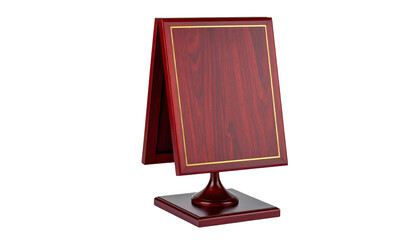 Wooden award plaque with two display faces, hinged with gold trim, on a pedestal base