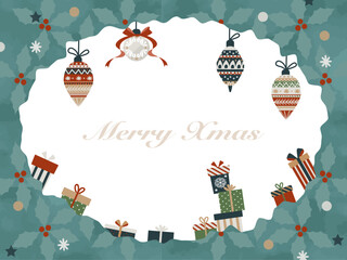 柊のパターンとオーナメントのクリスマスフレーム素材/Holly Pattern and Ornament Christmas Frame Illustration (Watercolor Style)