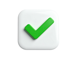A 3D rendered green checkmark inside a white rounded square on a black background