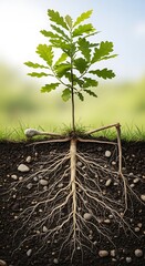 Young Oak Tree Sapling with Roots in Soil.