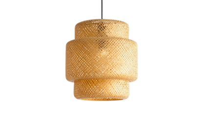 Hanging pendant light fixture with layered, woven, natural-toned shade, black background