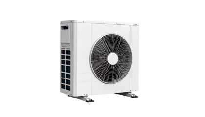 White, rectangular outdoor appliance with fan & vents against a black background