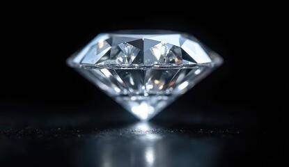 Captivating close-up of a brilliant, sparkling diamond on a dark reflective surface, showcasing its facets and intense light refraction for luxury and elegance