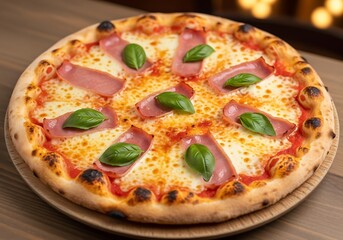 Delicious Prosciutto Pizza with Fresh Basil on Wooden Board.