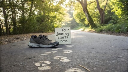 Running shoe next to a sign on a path