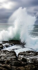 Powerful Ocean Wave Crashing on Rocky Shoreline Under Stormy Sky.