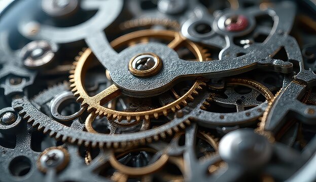 Intricate mechanical watch movement gears in close-up macro detail showcasing precision engineering and timeless craftsmanship for luxury timepieces