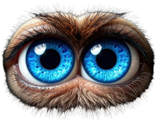 An extreme close-up of wide, vibrant blue eyes with thick lashes and furry brows