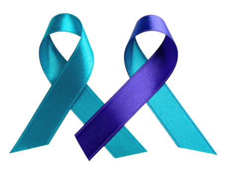 Two satin awareness ribbons in teal and purple, on a black background, slightly overlapping