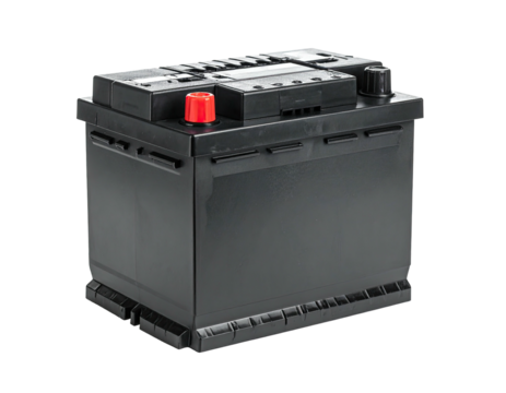 A rectangular, black power source with red positive terminal, on a dark background