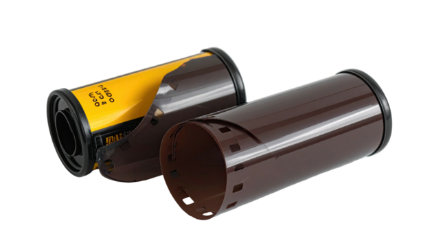 Two partially unwound rolls of film with their characteristic colors