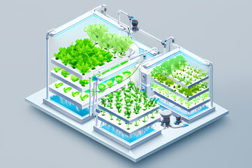 Modern indoor vertical farm with a hydroponic system growing fresh green produce on multiple stacked layers.