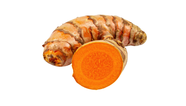 Bright orange root, cut in half, displays inner flesh, isolated on black backdrop