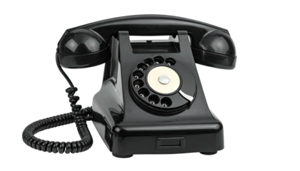 Glossy black rotary dial telephone, receiver off-hook, with coiled cord and ear/mouth pieces