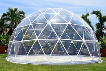 Fototapeta premium Large, geodesic dome structure, clear glass panels, white metal framework, on grassy lawn, sunny day