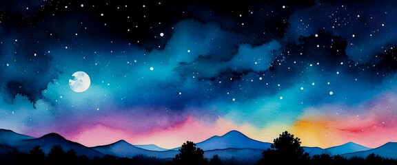 Watercolor night sky with moon and shining stars. Dreamy gradient night landscape with mountains and trees. Mystical starry sky illustration with soft colorful tones. With space for text.