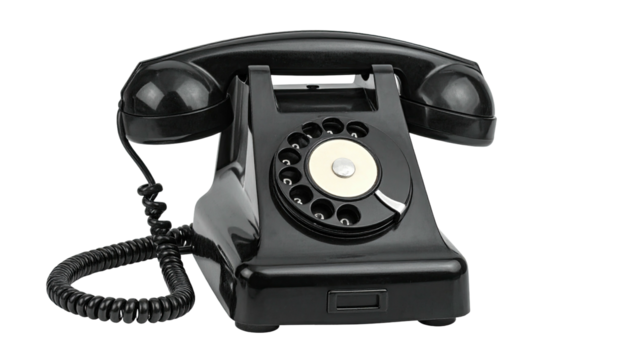 Glossy black rotary dial telephone, receiver off-hook, with coiled cord and ear/mouth pieces
