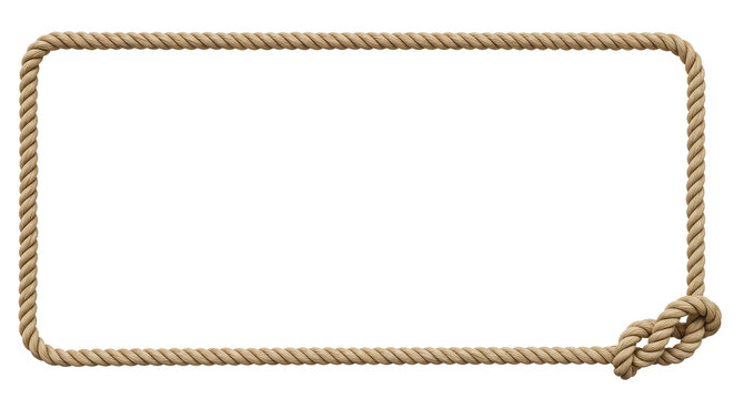 Realistic detailed brown rope frame with a rustic, nautical knot at the corner, providing a versatile border or banner element for maritime, adventure, or vintage-themed graphic designs
