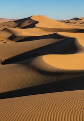 Serene Desert Landscape - Golden Dunes and Clear Blue Sky.