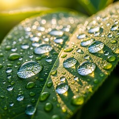 Dew Drops on Green Leaf - A Fresh Morning Scene.