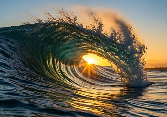 A powerful ocean wave breaking at sunset, with golden light shining through the translucent emerald green barrel