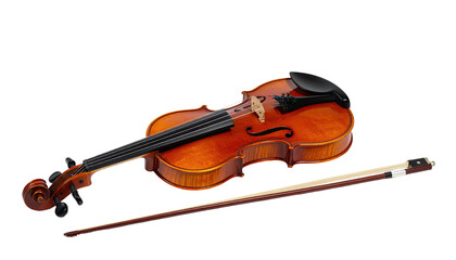 Fototapeta premium A detailed view of a wooden stringed instrument with bow, isolated on black background