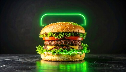 Delicious double cheeseburger with neon green border