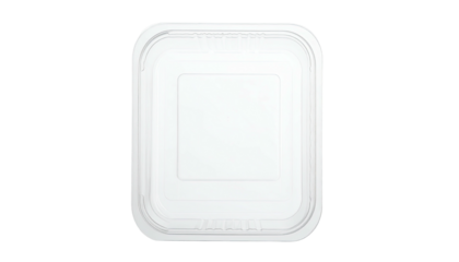 Overhead view of a white, square plastic container with a matching lid