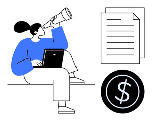 Woman using a laptop and telescope alongside documents and a dollar sign to explore possibilities and financial ideas. Ideal for strategy, business, planning, finance, investment, vision, innovation