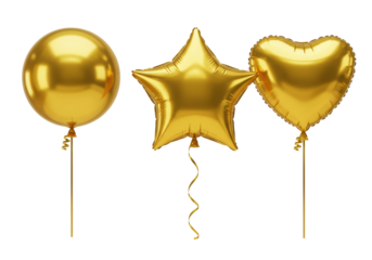 Three metallic gold foil helium balloons (spherical, star, heart) with ribbons, gently floating against a transparent studio background, bright studio lighting, luxury celebration concept