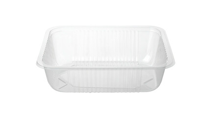 Transparent, rectangular plastic food container with ridged sides on a black background