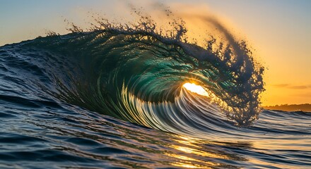 A powerful ocean wave breaking at sunset, with golden light shining through the translucent emerald green barrel