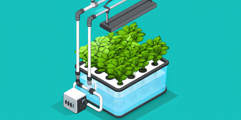 Isometric illustration of a hydroponic system with lush green plants growing under artificial lights in a water-filled container.