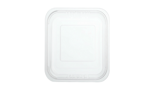 Overhead view of a white, square plastic container with a matching lid