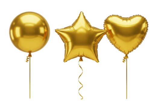 Three metallic gold foil helium balloons (spherical, star, heart) with ribbons, gently floating against a transparent studio background, bright studio lighting, luxury celebration concept