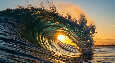 A powerful ocean wave breaking at sunset, with golden light shining through the translucent emerald green barrel