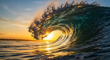 A powerful ocean wave breaking at sunset, with golden light shining through the translucent emerald green barrel