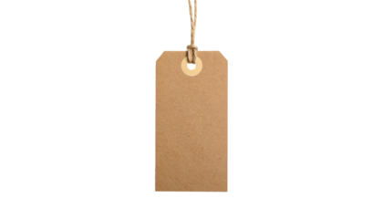 Isolated vertical rectangular brown tag with string, against a black background