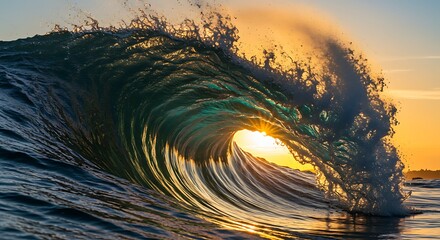 A powerful ocean wave breaking at sunset, with golden light shining through the translucent emerald green barrel